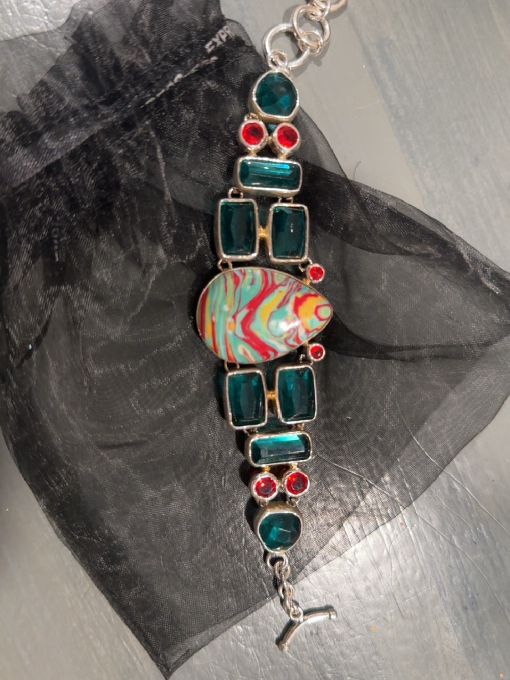 925 Multicolor Stone & Teal Crystal Statement Bracelet